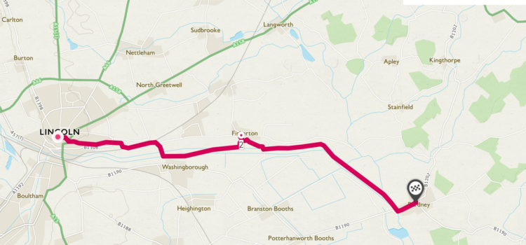 Screen shot of an online Ordnance Survey map showing a footpath route from Bardney westwards to Lincoln